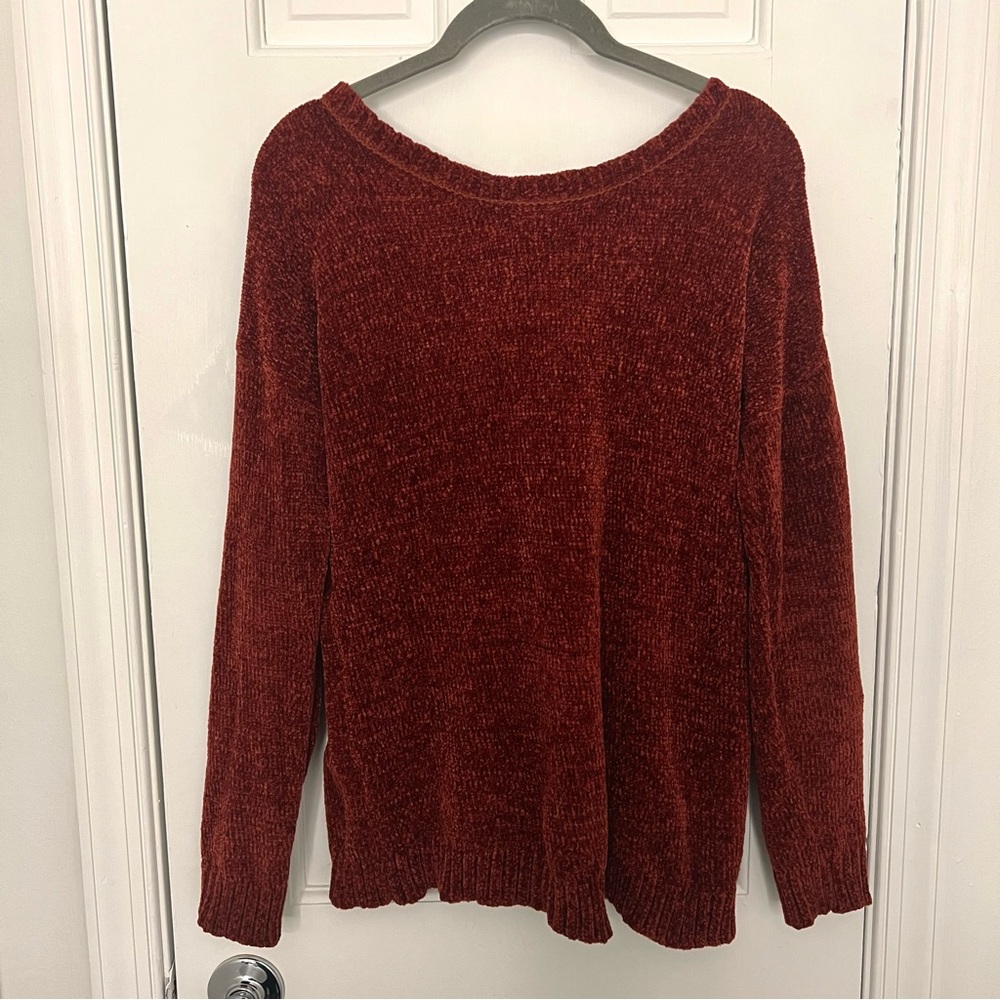 Open Back Sweater Dark Red Thick Plush Fleece Soft Top woven ribbed rib knit